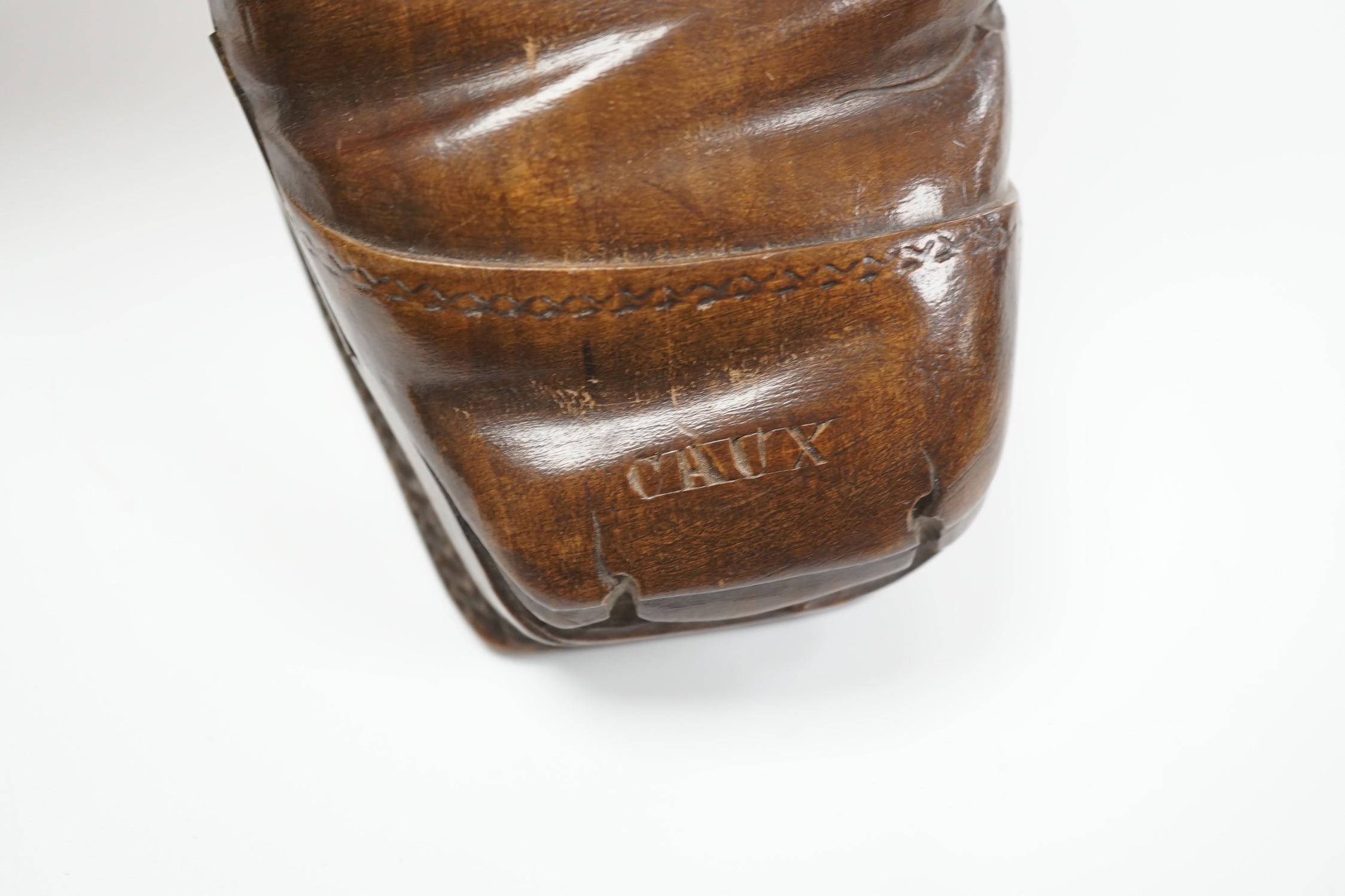 A Swiss Caux treen 'boot' vesta case, 22cm long